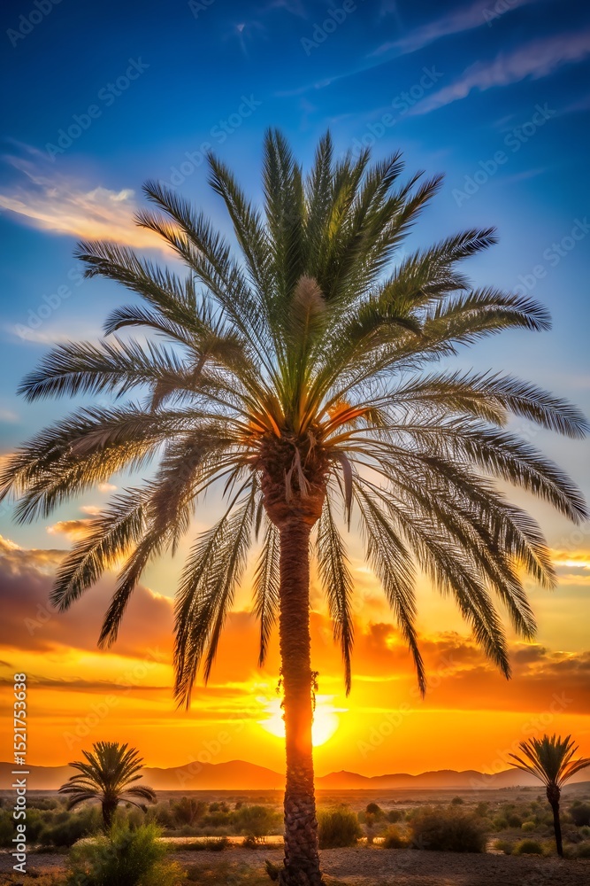 Beautiful Sunset Behind a Palm Tree in a Tropical Landscape Beautiful Sunset Behind a Palm Tree in a Tropical Landscape