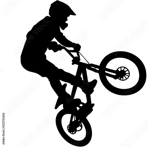 BMX Silhouette Rider: A striking black silhouette of a BMX rider executing a thrilling stunt, suspended in mid-air against a clean canvas, embodying action and skill.