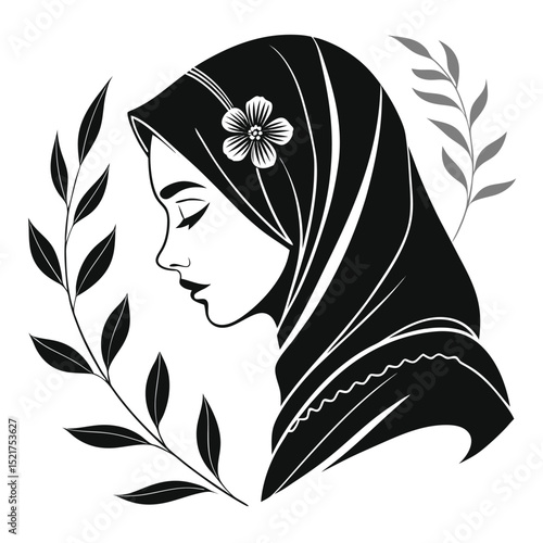 Elegant Woman Silhouette in Decorative Hijab Style  with Flowers

