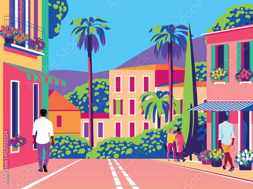 Street scene with people, shops, cars, traditional houses, palms, trees and flowers. Handmade drawing trendy colorful expressive vector illustration. Can be used by books, brochures, posters etc.