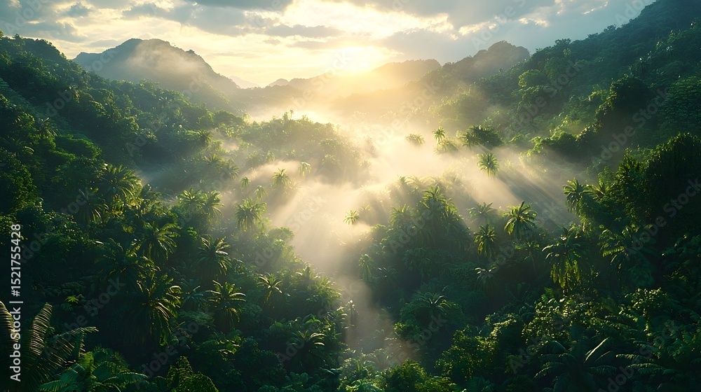 Misty rainforest bathed in golden light Misty rainforest bathed in golden light
