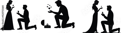 Man Kneeling Proposal Silhouette Set – Romantic Engagement Pose Collection Proposal Silhouette Vector – Man on Knee Asking for Marriage Clipart