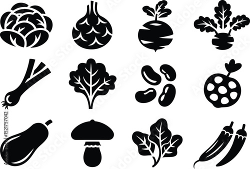 Black and White Vegetable Icons: Cabbage, Artichoke, Beetroot, Leek and More.