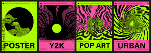 Vibrant vector posters in Neo-Psychedelic and Y2K-inspired style, featuring optical illusions, wavy lines, and bold neon pinks and greens—a popular 2025 trend in modern digital art.