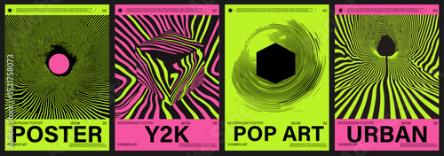 Vibrant vector posters in Neo-Psychedelic and Y2K-inspired style, featuring optical illusions, wavy lines, and bold neon pinks and greens—a popular 2025 trend in modern digital art.