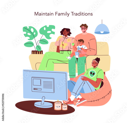 Family Watching TV Together Illustration