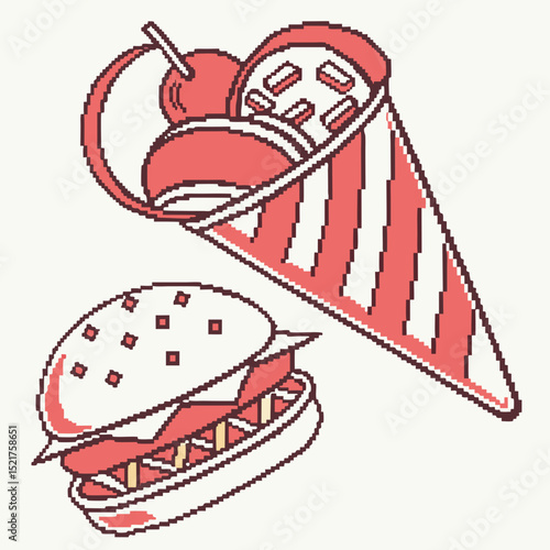 Vector illustration of fast food in pixel style including burger and ice cream, suitable for informal lunch menu