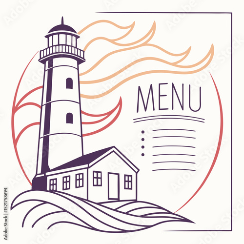 Vector illustration of a seaside restaurant menu featuring a lighthouse for coastal dining branding