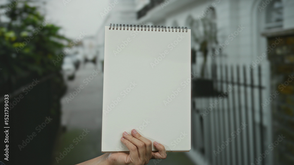 Man holding blank notebook with a spiral binding on a city street, featuring an urban background with greenery and blurred architecture. Man holding blank notebook with a spiral binding on a city street, featuring an urban background with greenery and blurred architecture.