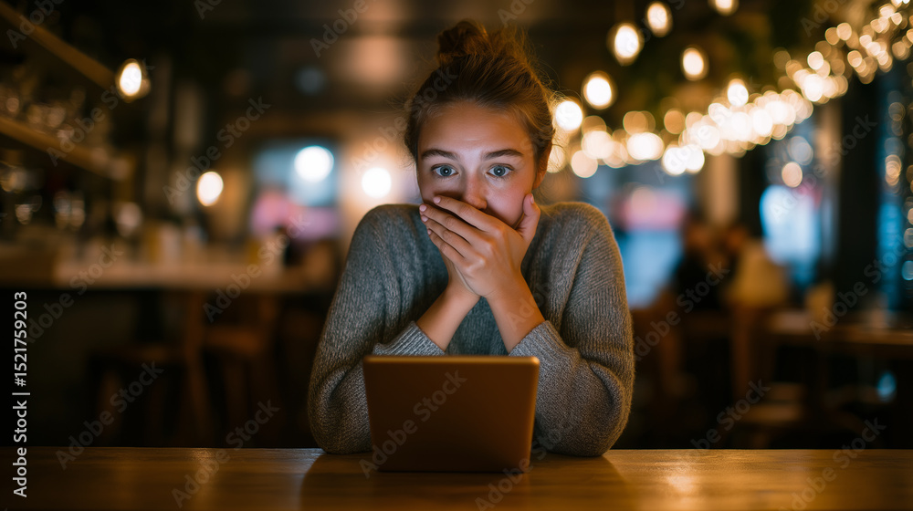 Amazed young woman covering mouth while watching something on tablet in cozy dimly lit cafe.
Amazed young woman covering mouth while watching something on tablet in cozy dimly lit cafe.