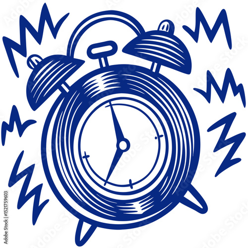 Alarm clock emitting buzzing waves in blue style for stress relief concept