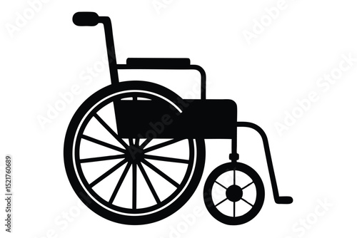 Black Wheelchair Silhouette Mobility Aid, Disability Support, Accessibility Symbol Depicted with Detailed Spokes