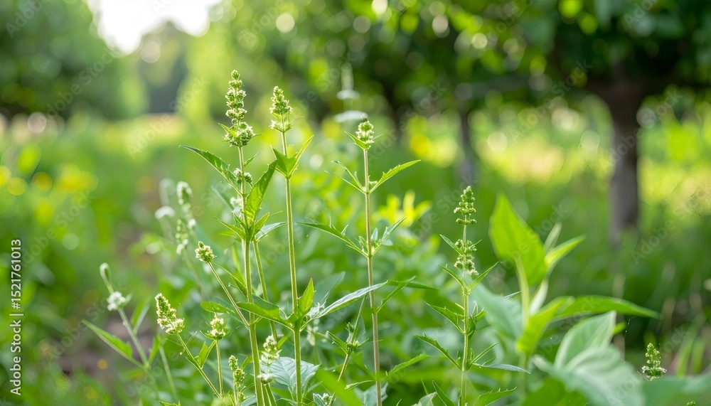 Obraz premium Horseweed growing vigorously between fruit trees, backlit by warm sunlight filtering through orchard landscape