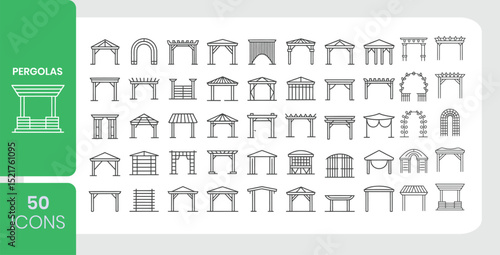 Pergola Icons Set 50 Line Art Designs of Garden Structures and Outdoor Architecture