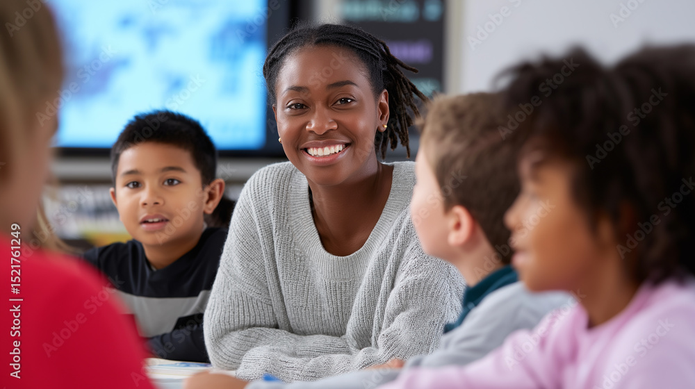 Obraz premium Happy teacher engaging with a group of young students in a classroom. 