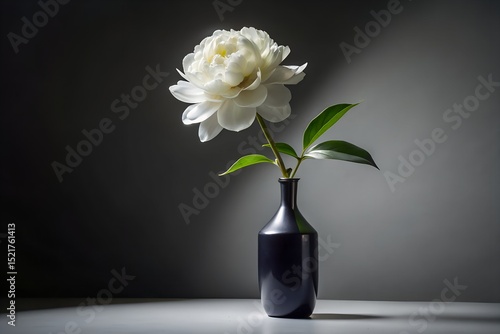 Elegant White Peony in Black Vase – High Contrast Fashion Editorial Photography