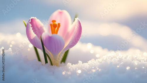 Crocus Blooming in Snow: Witness the delicate beauty of a vibrant crocus flower bravely blooming amidst a pristine snowy landscape, heralding the promise of spring with its exquisite colors.