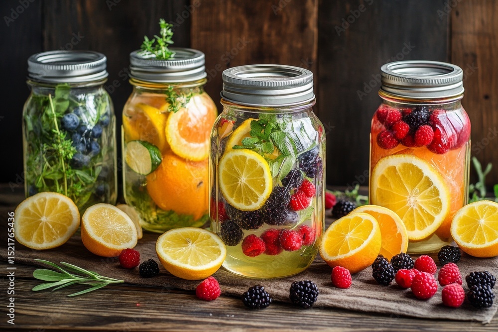 Brightly colored jars filled with citrus, berries, and herbs create a refreshing display on a rustic table. The vibrant colors and natural elements invite a relaxing atmosphere for enjoyment Brightly colored jars filled with citrus, berries, and herbs create a refreshing display on a rustic table. The vibrant colors and natural elements invite a relaxing atmosphere for enjoyment