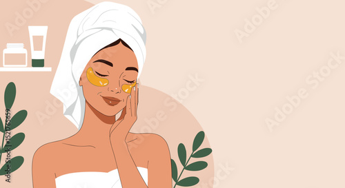 A woman applies patches under her eyes and enjoys a skin care procedure at home, suitable for advertising cosmetics, beauty bloggers, online courses, store banners