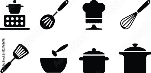 A set of kitchen icons featuring a pot on a stove, utensils, and a chef's hat in black and white