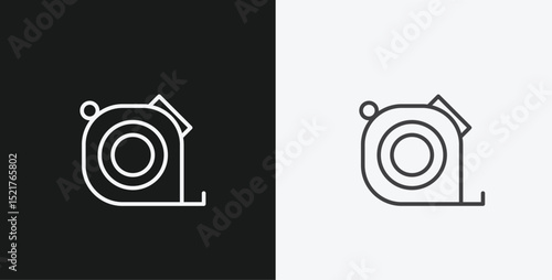 Retractable Measuring Tape or Tape Measure on Black and White Backgrounds, Representing Construction or Measurement, White Outline Icon