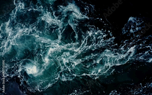 Top view. Foam on the ocean shore. Waves on the water. Contrasting image. Moody colors. Soft textured background. Mystic spring, Monotonous concrete background