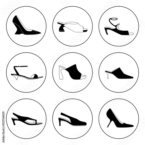 Vector set of icons with silhouettes of women's shoes with heels in black and white minimalist style. Ideal for projects on the topic of fashion, style, women's accessories and shoe branding.