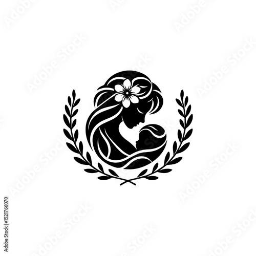 Symbolic minimalist vector logo of a nurturing mother cradling infant within an elegant laurel wreath adorned with single bloom