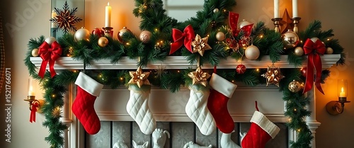 fireplace decorated for christmas with stockings and stockings