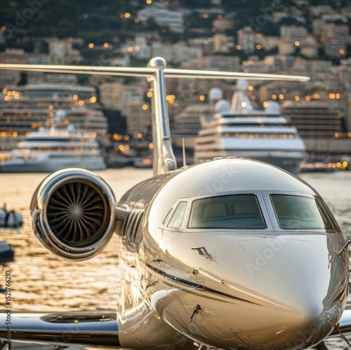 Private Jet Awaiting Takeoff: A luxurious private jet gleams under the soft light, docked beside a marina filled with opulent yachts, embodying the pinnacle of luxury travel and exclusivity.