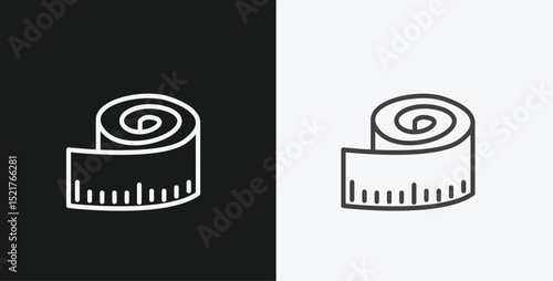Rolled Measuring Tape with Markings on Black and White Backgrounds, Representing Measurement or Tailoring, White Outline Icon