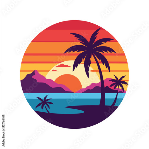 Tropical Sunset Coast Vector Icon Isolated Design