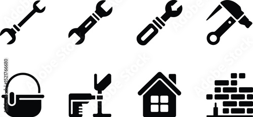 A collection of black and white vector icons depicting tools and construction elements aligned