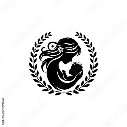 Classic laurel wreath logo design featuring mother and baby silhouette with decorative floral accent