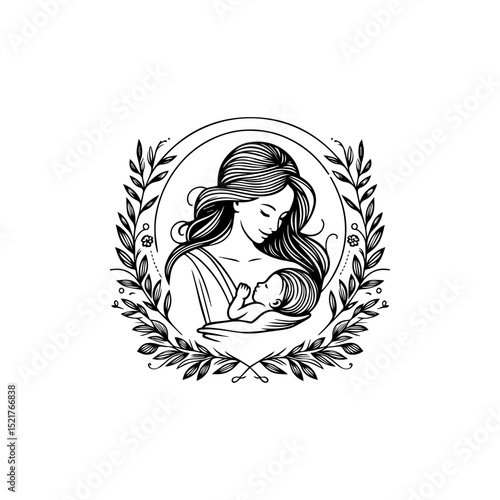 Elegant vector logo of a loving mother holding baby surrounded by delicate botanical wreath illustration