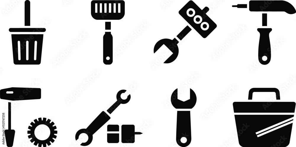 Fototapeta premium Illustration of eight black and white tool icons including wrench hammer and toolbox items
