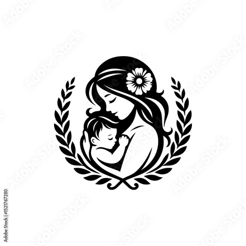 Elegant mother cradling baby vector logo encircled by symbolic laurel wreath with blossoming flower detail