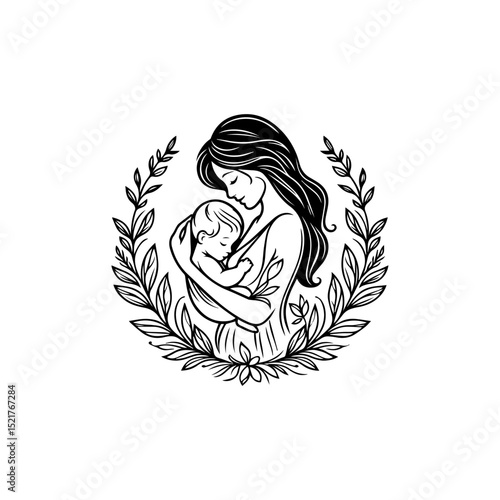 Stylized mother and baby silhouette logo embraced by circular botanical wreath family symbol