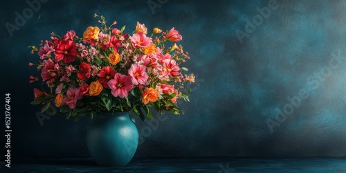 Wallpaper Mural Vibrant bouquet of colorful flowers in a decorative blue vase against a dark background Torontodigital.ca