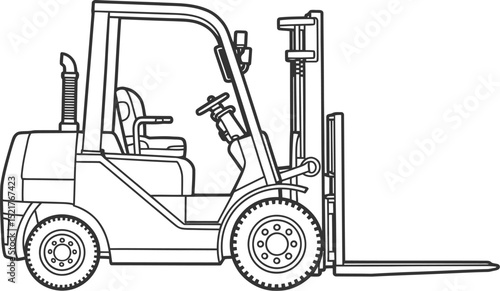 A line drawing of a forklift with visible steering wheel seat and forks on a white background