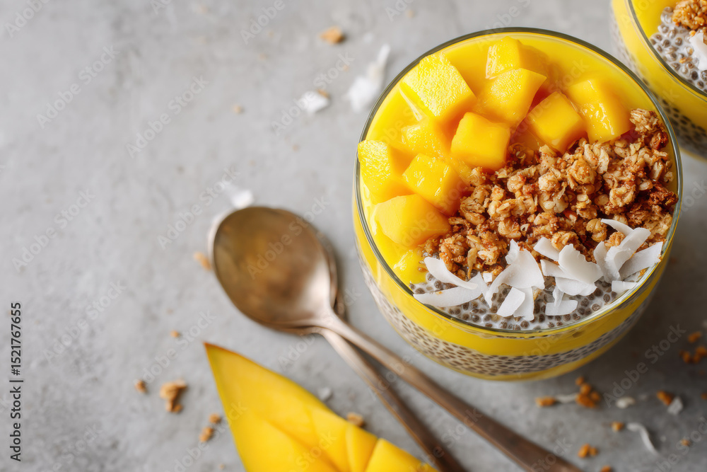 Fototapeta premium Close-up of mango chia parfait with granola and coconut flakes served on rustic surface, commercial-ready image
