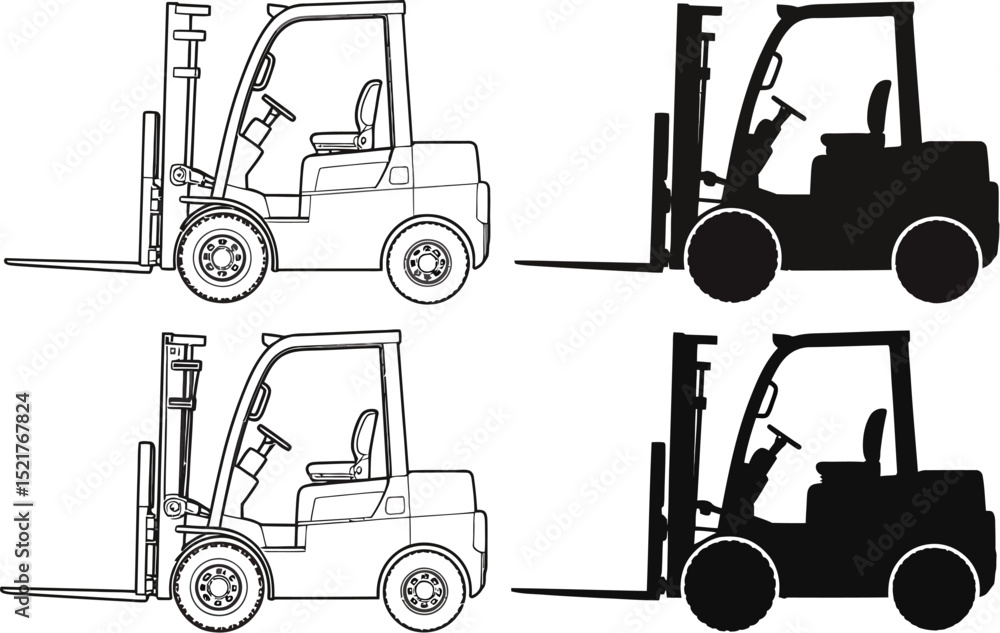 Fototapeta premium Four forklift illustrations in black and white line art and silhouette style on white background