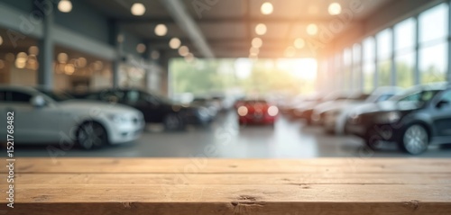 Wallpaper Mural Wooden tabletop with blurry car showroom background. Showroom features modern cars, garage workshop. Ideal for automotive ads, car sales websites, car rental. Focus on wood texture, display cars. Torontodigital.ca