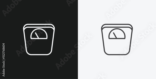 Weight Scale with Dial on Black and White Backgrounds, Representing Health or Measurement, White Outline Icon