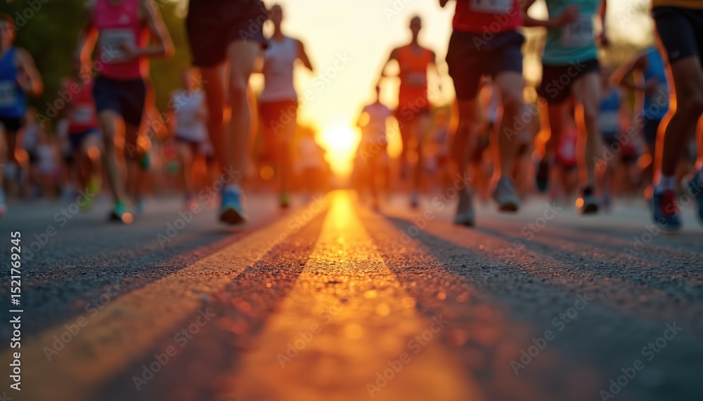 Runners in race during sunset. Crowd of athletes on pavement. Training, competition, event. Marathon, sports, fitness activity. Motion, speed, energy, teamwork. Achieve goals, perseverance, Runners in race during sunset. Crowd of athletes on pavement. Training, competition, event. Marathon, sports, fitness activity. Motion, speed, energy, teamwork. Achieve goals, perseverance,