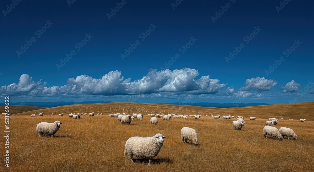 Fototapeta premium Flock of Sheep Grazing in a Field Under a Blue Sky, Representing Rural Harmony and Sustainable Agriculture, Ideal for Environmental Awareness Campaigns : Generative AI