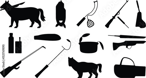 Silhouette illustration of hunting and fishing equipment on a white background design
