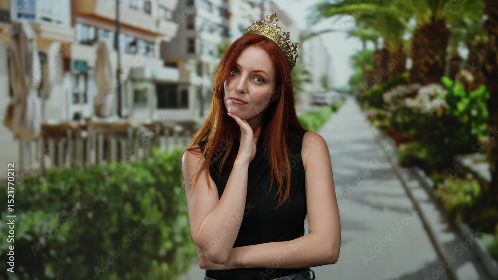 Woman with red hair wearing a crown stands thoughtfully on a city street lined with palm trees, exuding beauty and elegance in an urban outdoor setting. Woman with red hair wearing a crown stands thoughtfully on a city street lined with palm trees, exuding beauty and elegance in an urban outdoor setting.