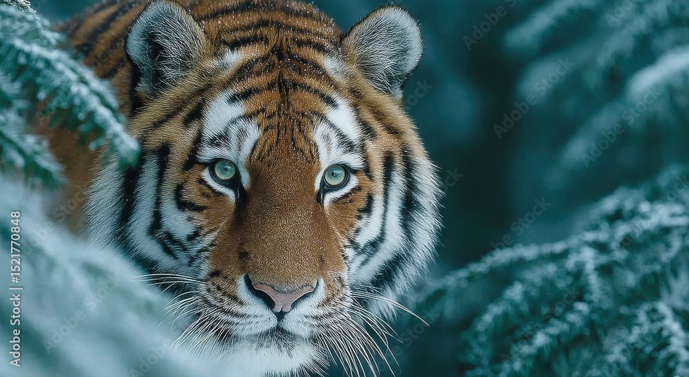 Obraz premium Siberian Tiger Portrait in Winter Forest, Symbolizing Wildlife Conservation and Environmental Awareness, Ideal for Nature Documentaries and Educational Material : Generative AI