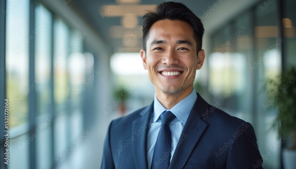 Young professional man smiles. Asian businessman in business suit, blue tie. Confident entrepreneur poses at corporate office, modern workspace. Leadership, success, formal attire, executive. Young professional man smiles. Asian businessman in business suit, blue tie. Confident entrepreneur poses at corporate office, modern workspace. Leadership, success, formal attire, executive.